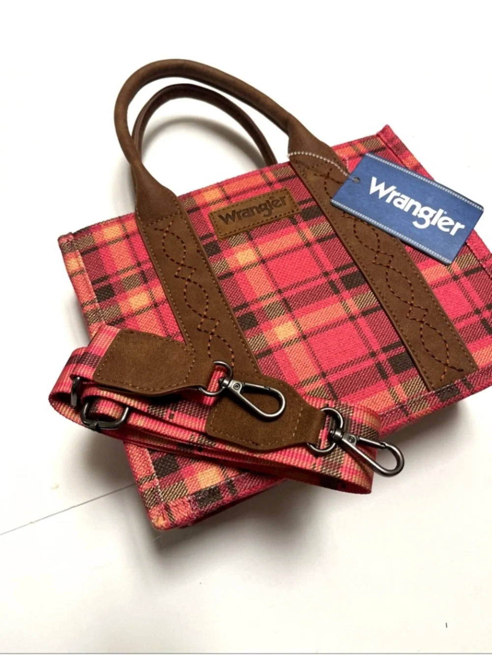 NWT Wrangler Pink Plaid Tote Crossbody Bag Canvas PU Guitar Strap Western Tartan